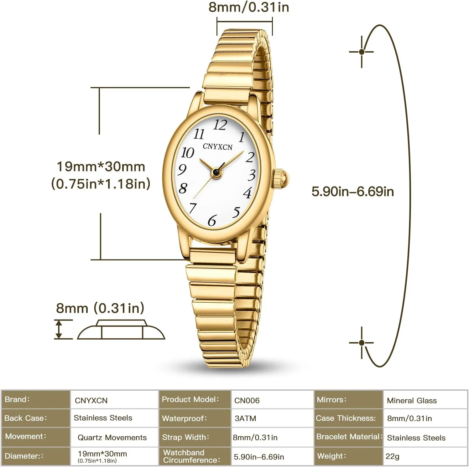 Gold Watches for Women,Easy Reading Analog Watch with Stainless Steel Expansion Band,Water Resistant