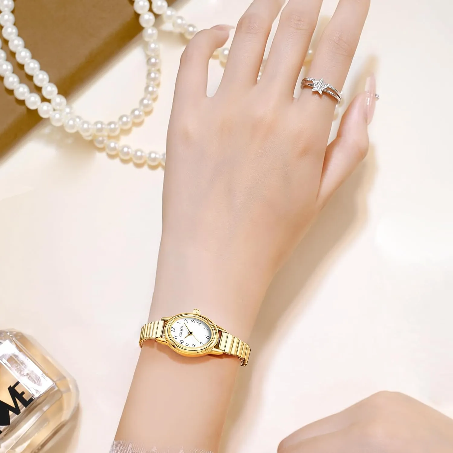 Gold Watches for Women,Easy Reading Analog Watch with Stainless Steel Expansion Band,Water Resistant