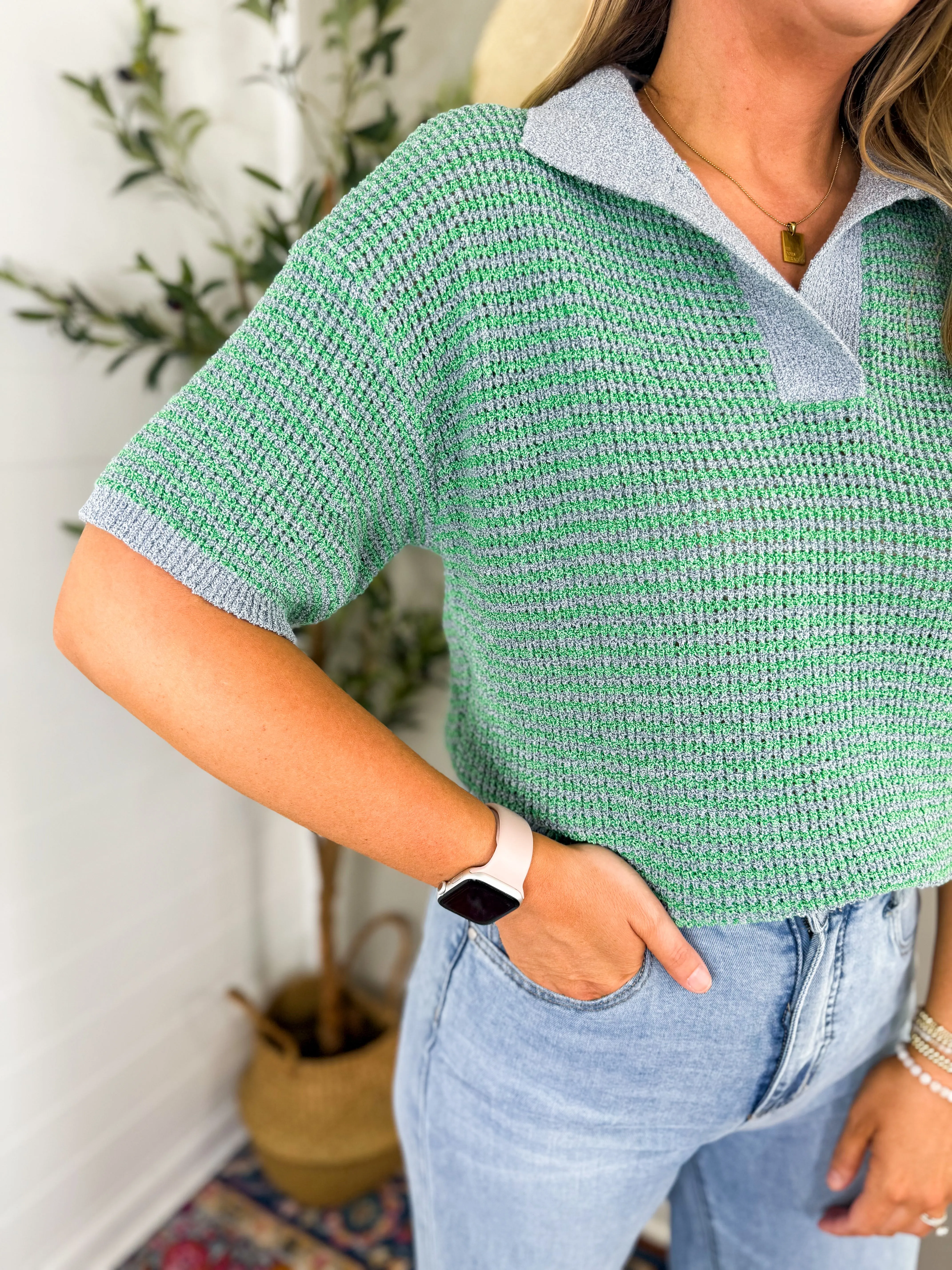 Green   Blue Short Sleeve Knit Pullover