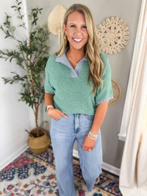 Green   Blue Short Sleeve Knit Pullover
