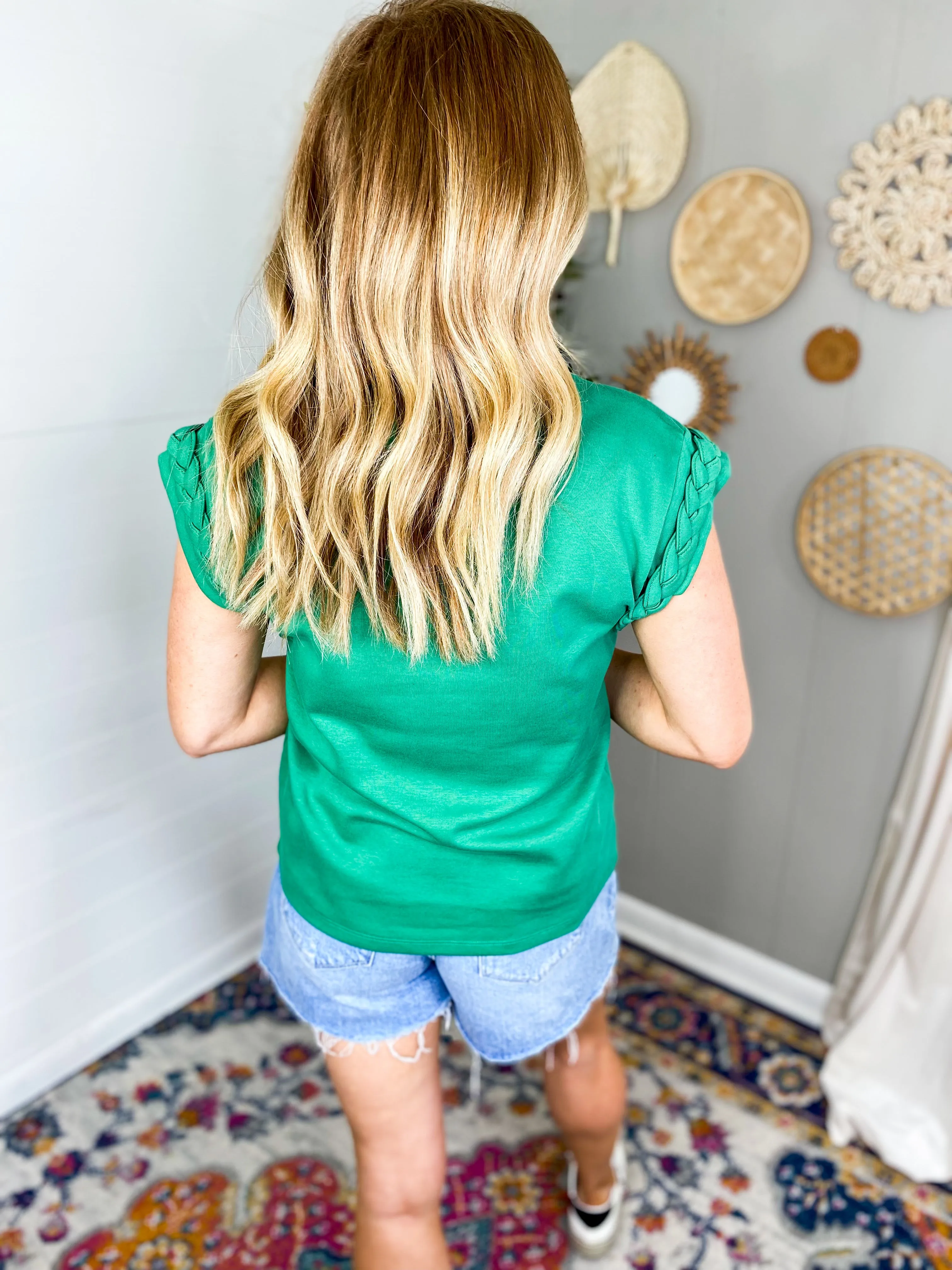 Green Solid Braided Sleeve Knit Top