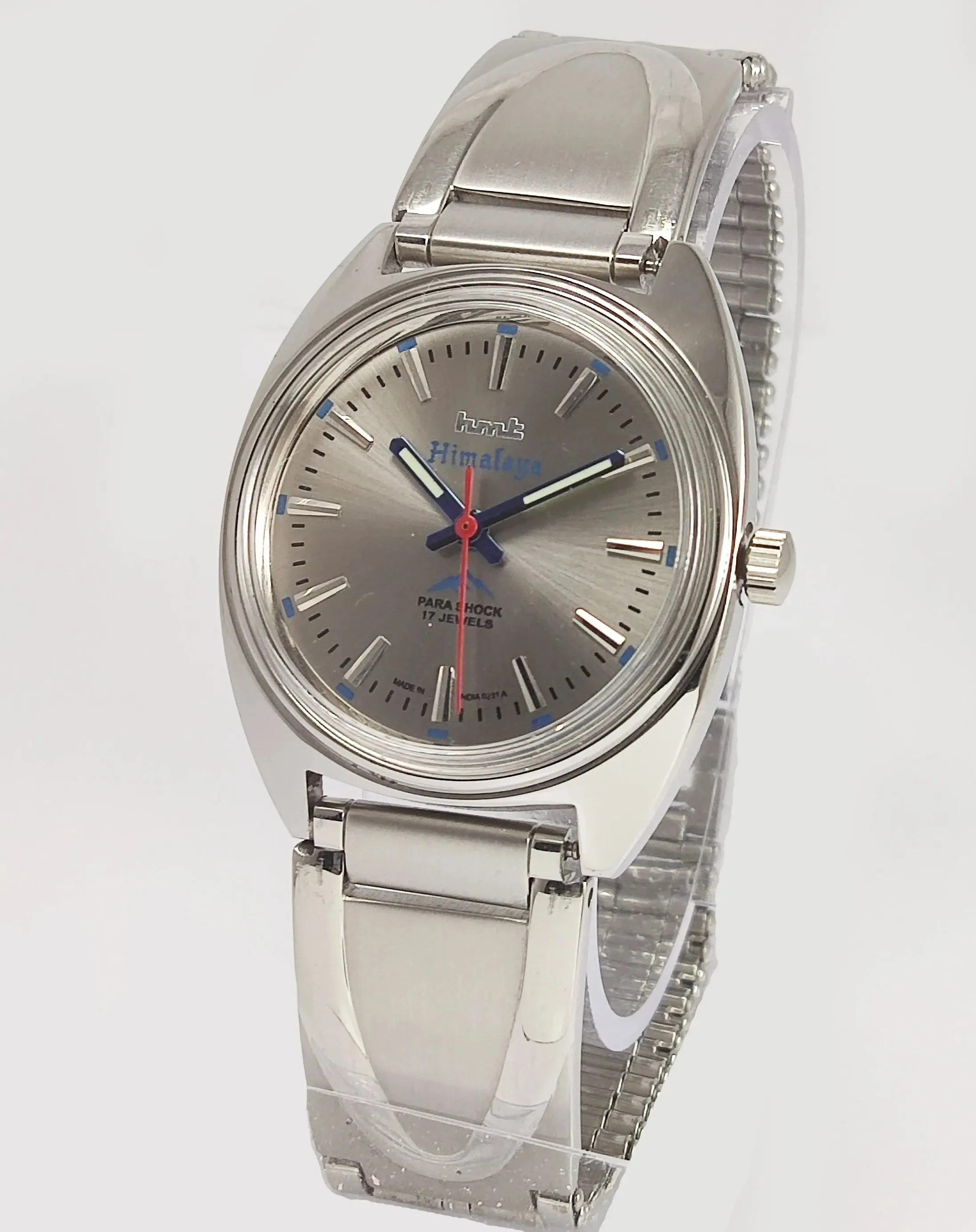 HMT Himalaya Para Shock 17 Jewels Radium Hands Gray Dial Transparent Back Mechanical Hand winding Men's Wrist Watch