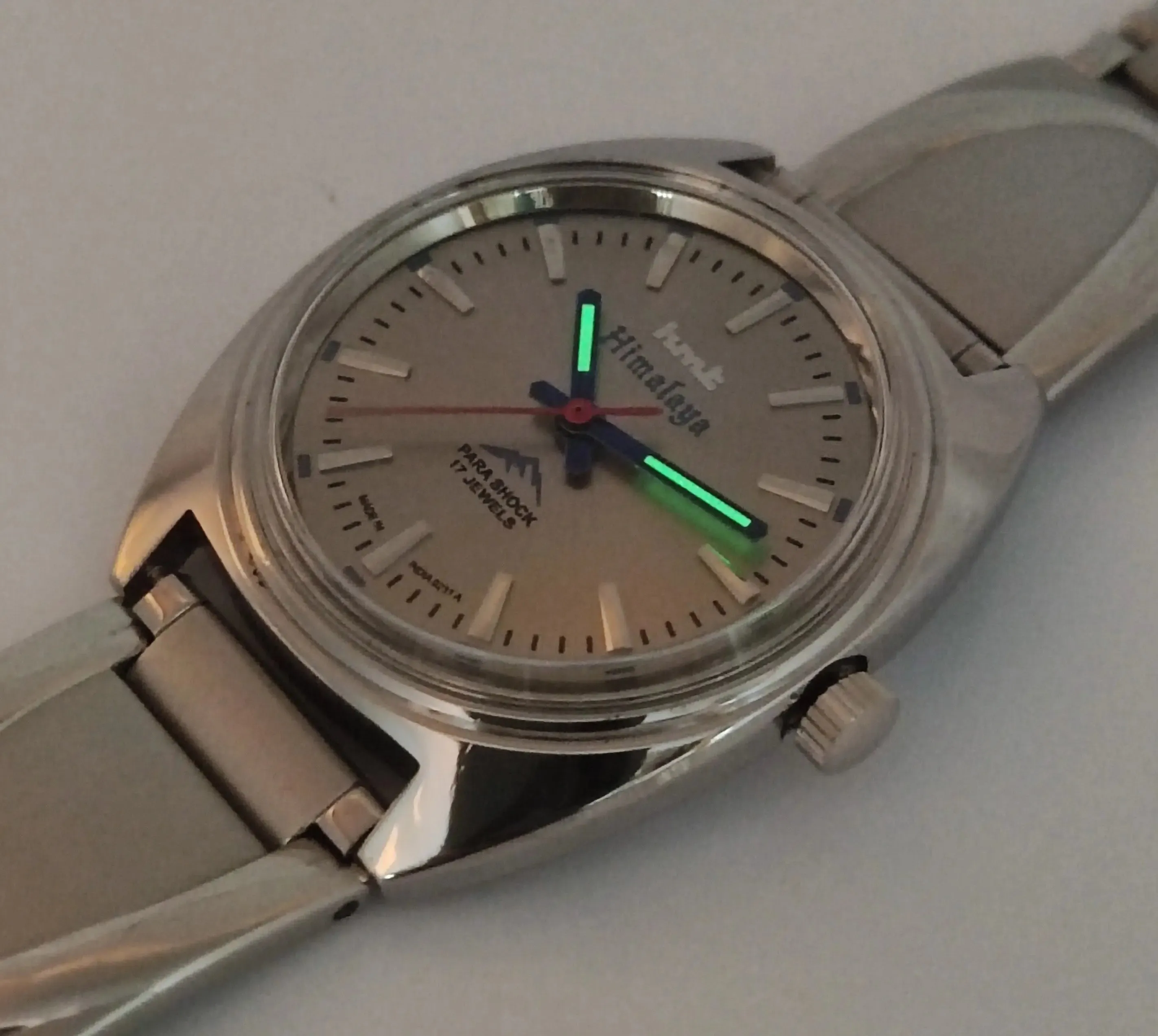 HMT Himalaya Para Shock 17 Jewels Radium Hands Gray Dial Transparent Back Mechanical Hand winding Men's Wrist Watch