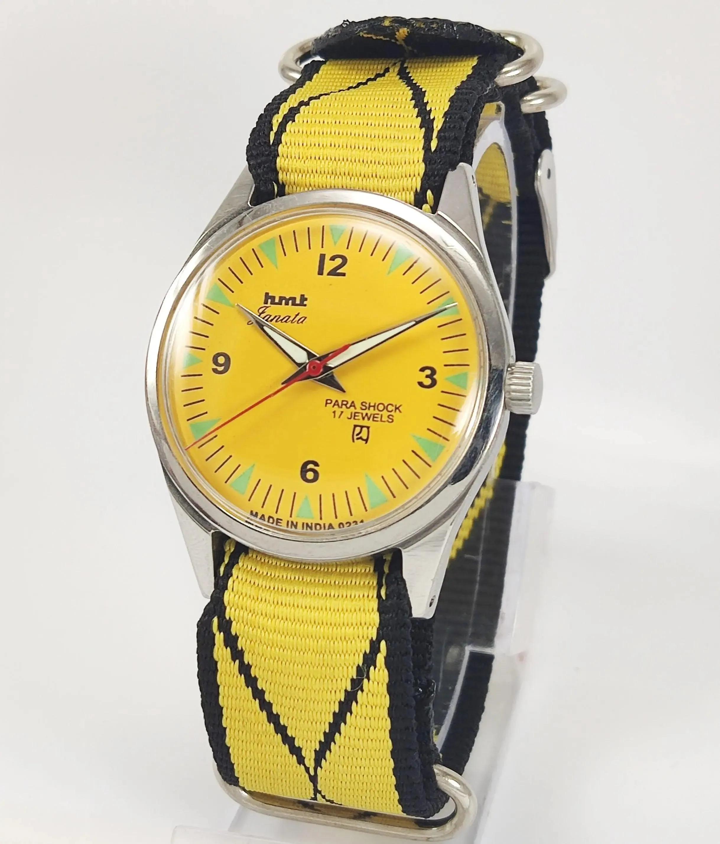 HMT Janata Para Shock 17 Jewels Sun Yellow Dial Radium Hands Mechanical Hand winding Men's Wrist Watch
