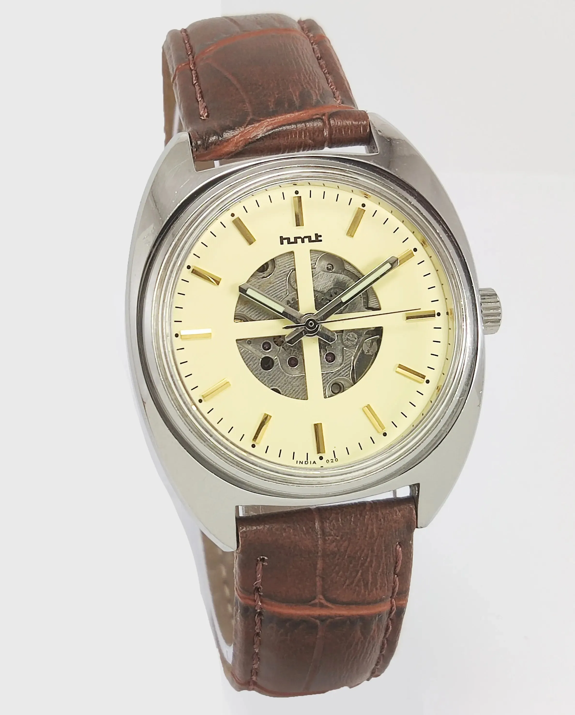 HMT Para Shock 17 Jewels Cream Color Skeleton Dial Mechanical Hand winding Men's Wrist Watch
