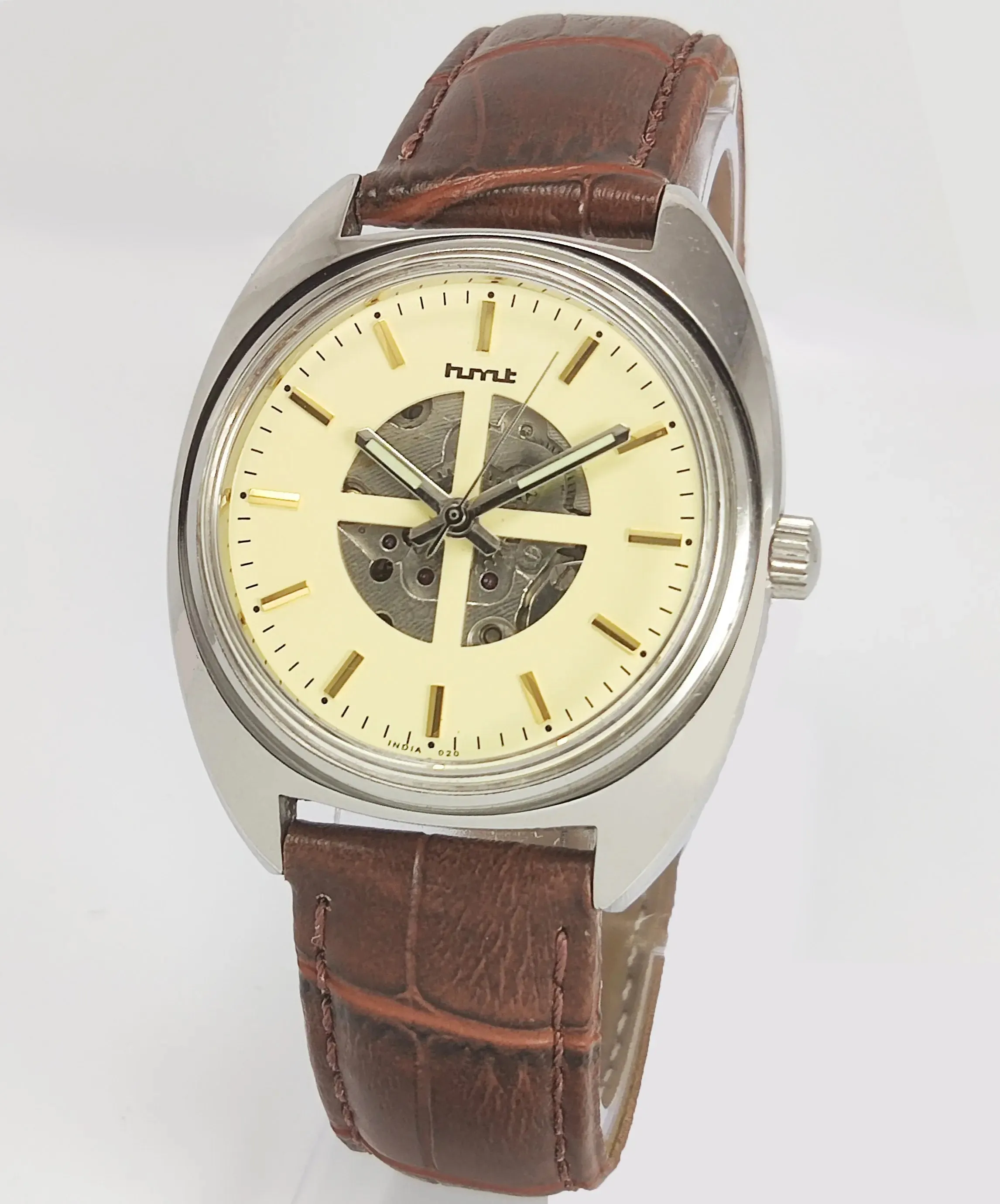 HMT Para Shock 17 Jewels Cream Color Skeleton Dial Mechanical Hand winding Men's Wrist Watch