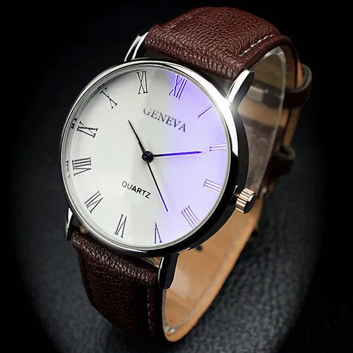Hot Selling Good Deal Men Roman Numerals Blu-Ray Faux Leather Band Quartz Analog Business Watch