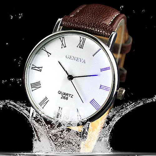 Hot Selling Good Deal Men Roman Numerals Blu-Ray Faux Leather Band Quartz Analog Business Watch