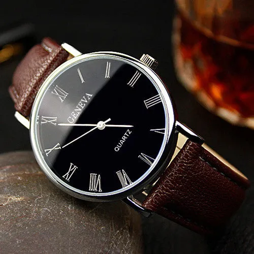 Hot Selling Good Deal Men Roman Numerals Blu-Ray Faux Leather Band Quartz Analog Business Watch