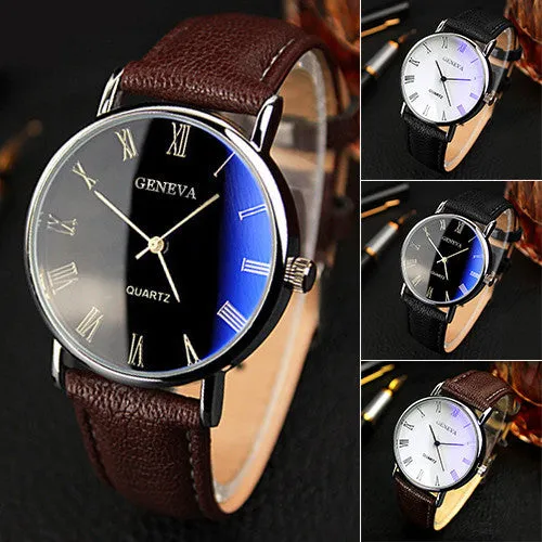 Hot Selling Good Deal Men Roman Numerals Blu-Ray Faux Leather Band Quartz Analog Business Watch