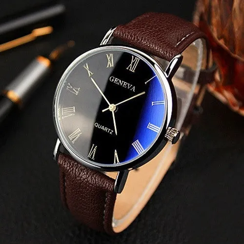 Hot Selling Good Deal Men Roman Numerals Blu-Ray Faux Leather Band Quartz Analog Business Watch