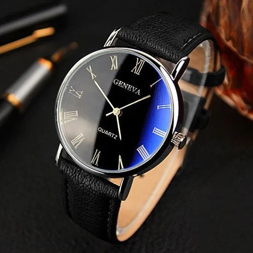 Hot Selling Good Deal Men Roman Numerals Blu-Ray Faux Leather Band Quartz Analog Business Watch