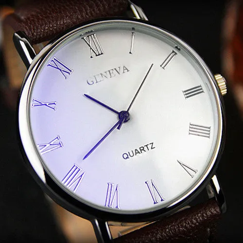 Hot Selling Good Deal Men Roman Numerals Blu-Ray Faux Leather Band Quartz Analog Business Watch
