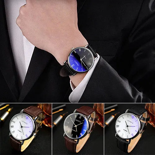 Hot Selling Good Deal Men Roman Numerals Blu-Ray Faux Leather Band Quartz Analog Business Watch