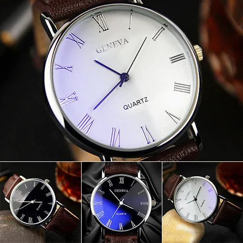 Hot Selling Good Deal Men Roman Numerals Blu-Ray Faux Leather Band Quartz Analog Business Watch