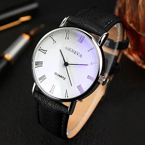 Hot Selling Good Deal Men Roman Numerals Blu-Ray Faux Leather Band Quartz Analog Business Watch