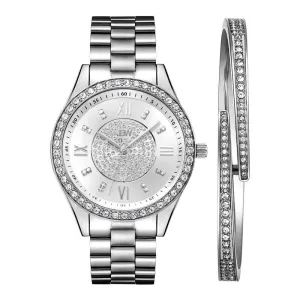 JBW Women's Mondrian Stainless Steel Watch and Bracelet Jewelry Set - 0.16 ctw Diamond - Silver - J6303