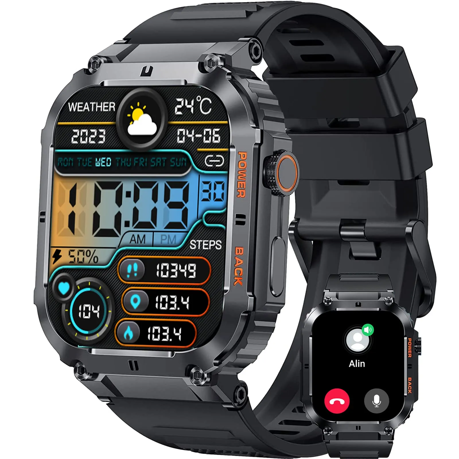 KACLUT Smart Watch,2-inch Utral Large HD Display,100M Waterproof Rugged Military Smartwatch with Bluetooth Call(Answer/Dial Calls) 70 Days Extra Long Battery Life,100  Sports Modes Fitness Tracker