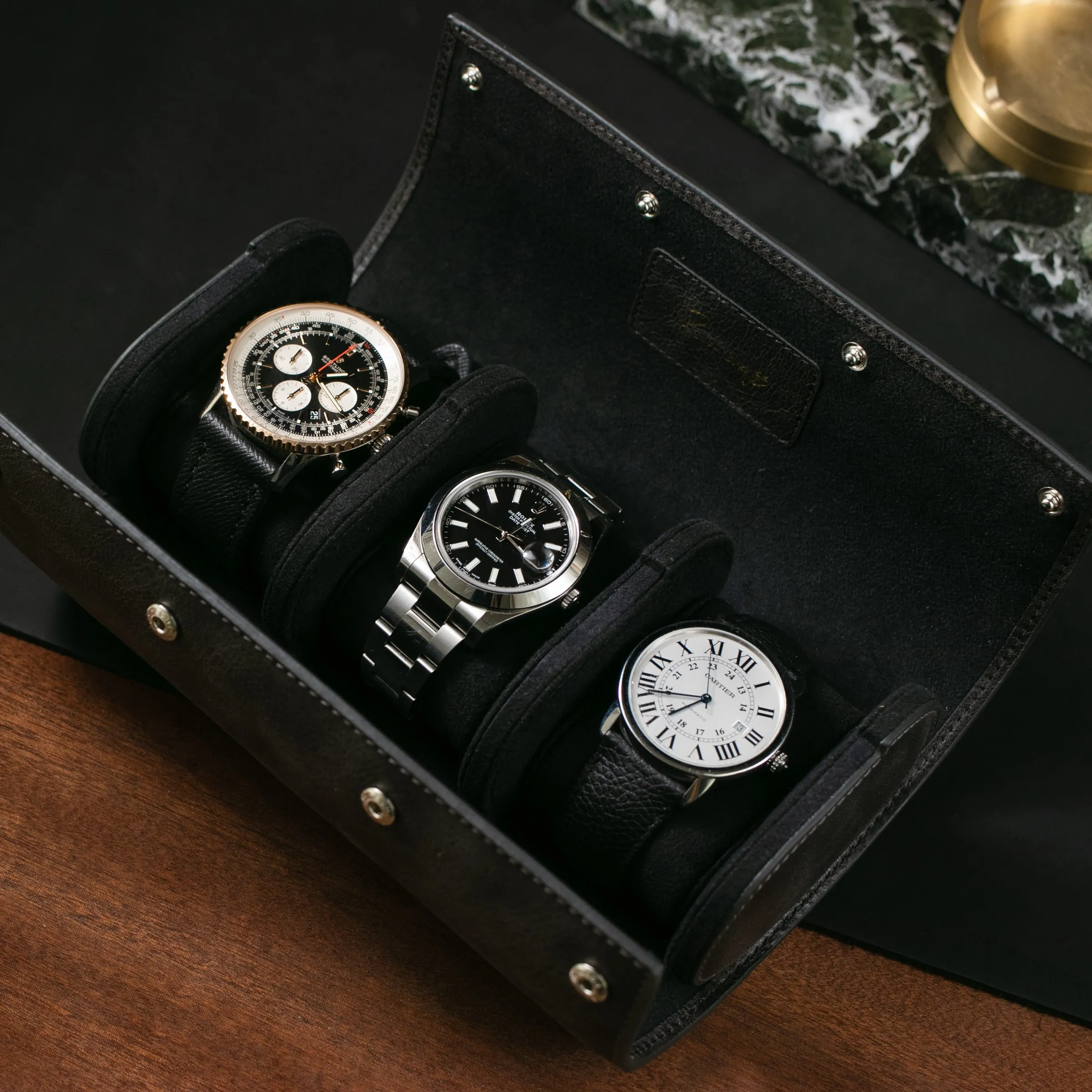 Leather Travel Watch Case - Coal - Triple Watch Roll