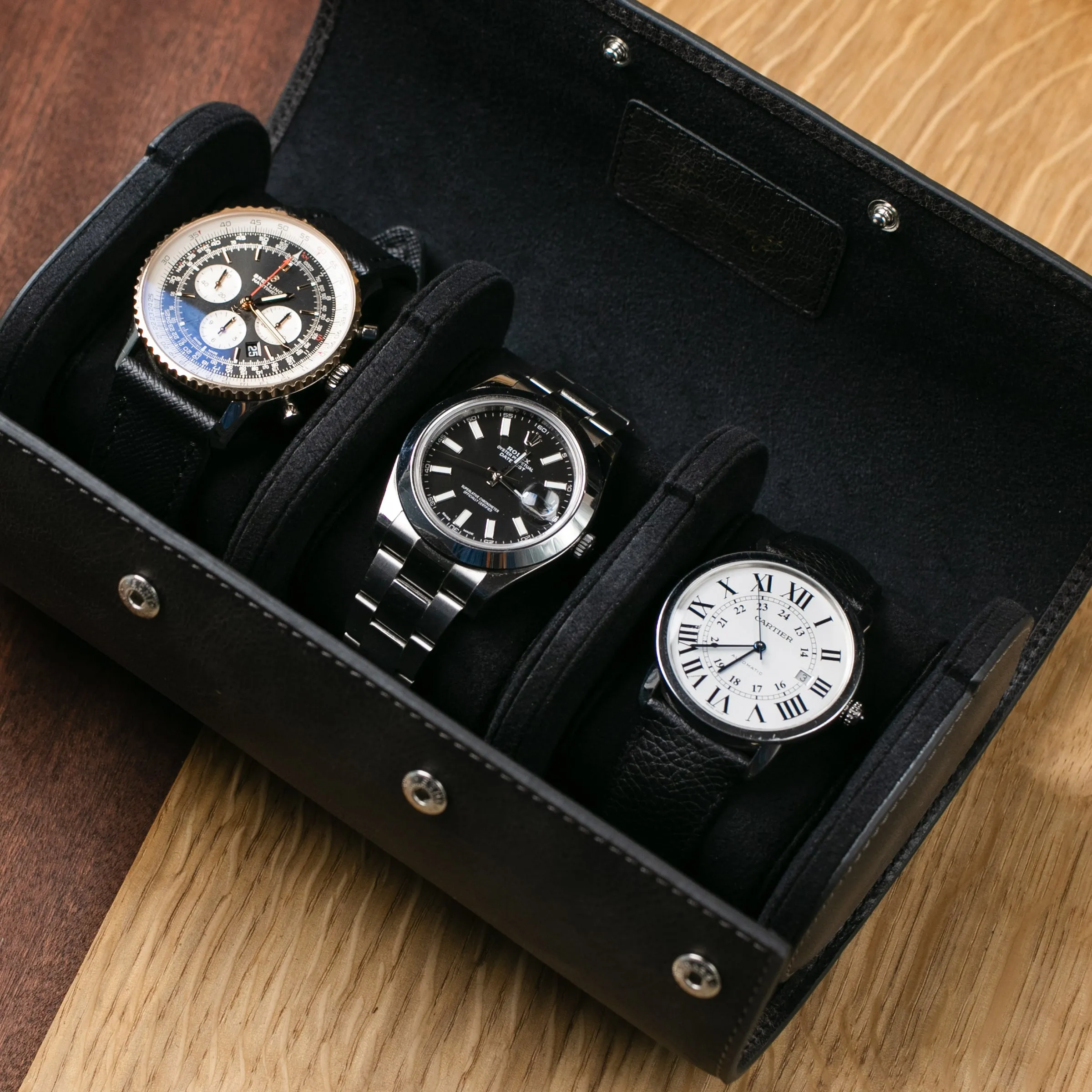 Leather Travel Watch Case - Coal - Triple Watch Roll