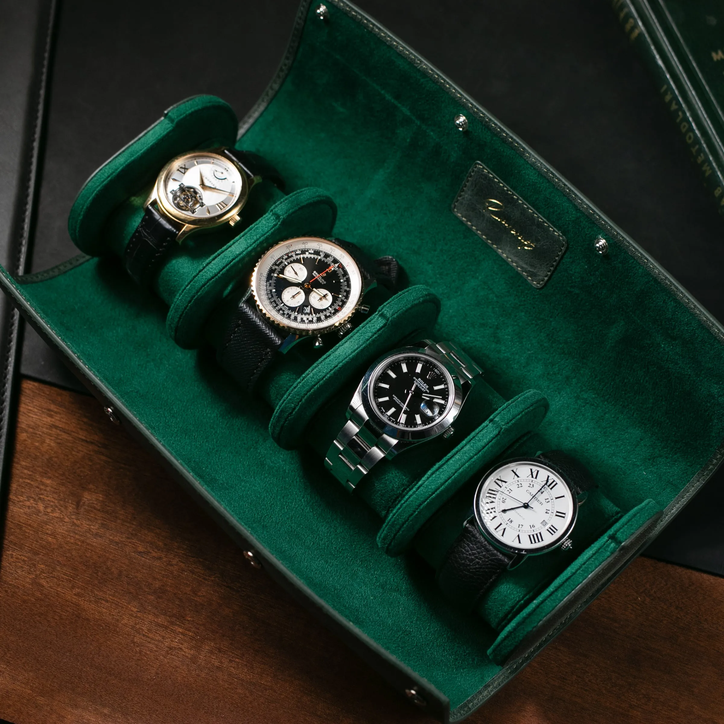 Leather Travel Watch Case - Emerald - Quad Watch Roll