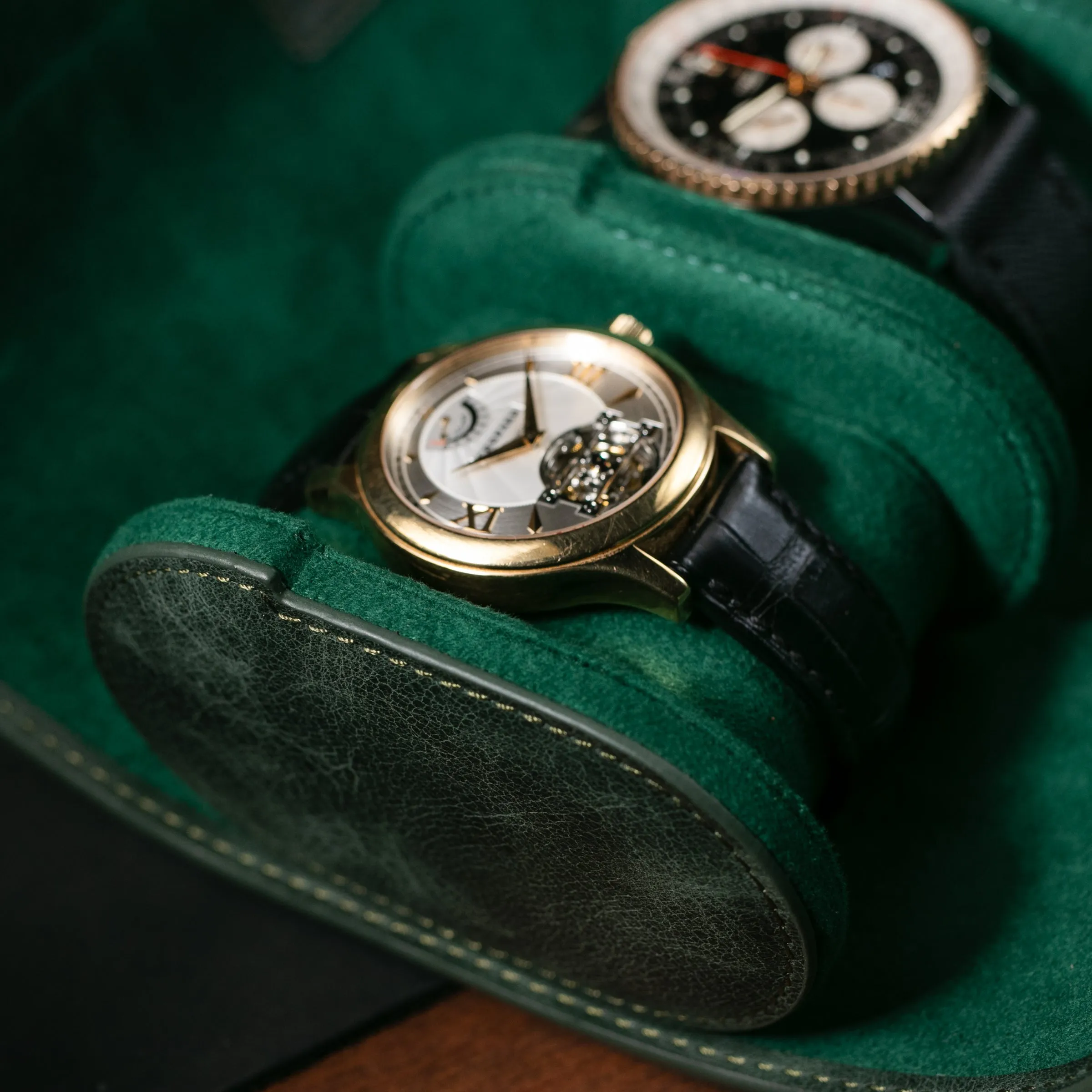 Leather Travel Watch Case - Emerald - Quad Watch Roll