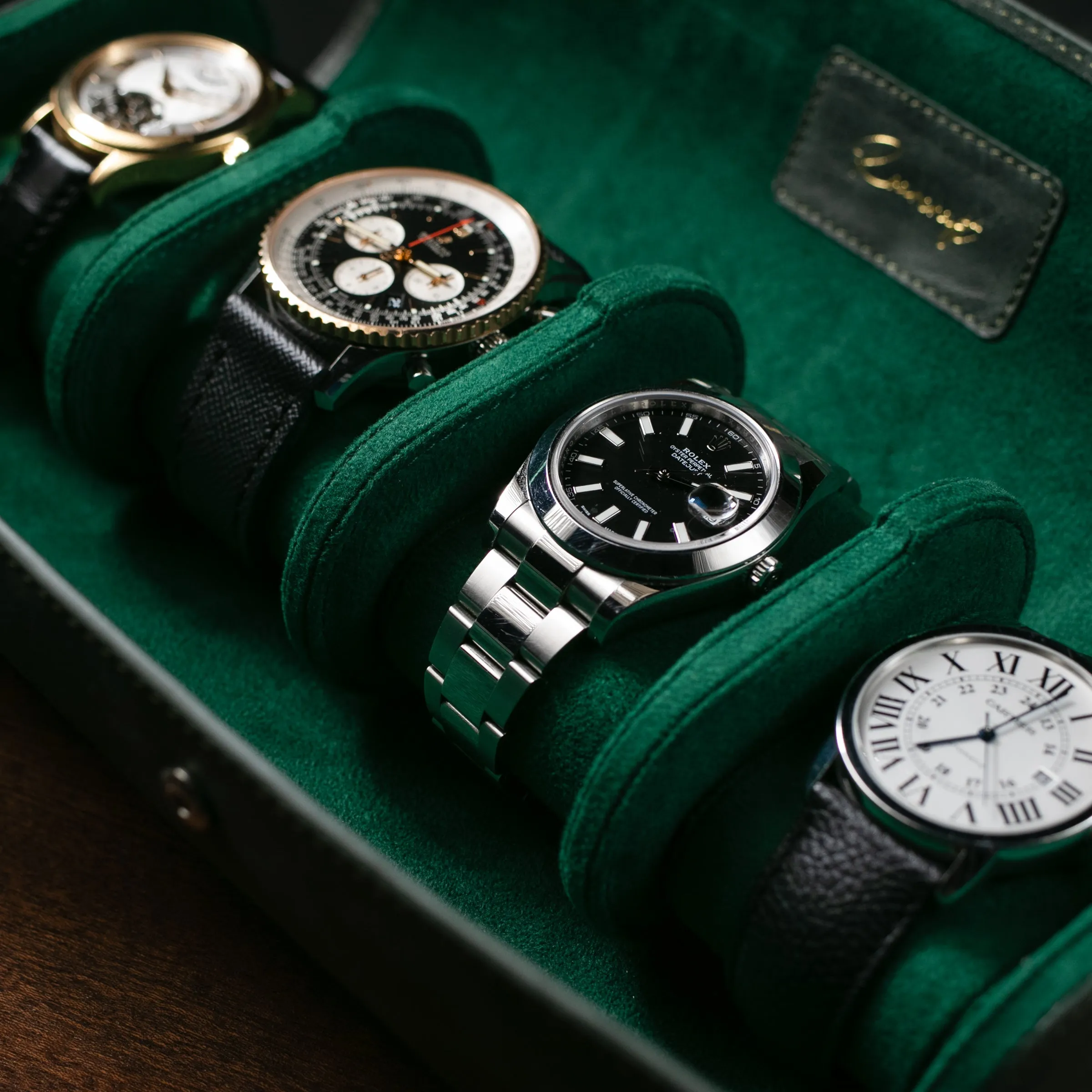 Leather Travel Watch Case - Emerald - Quad Watch Roll