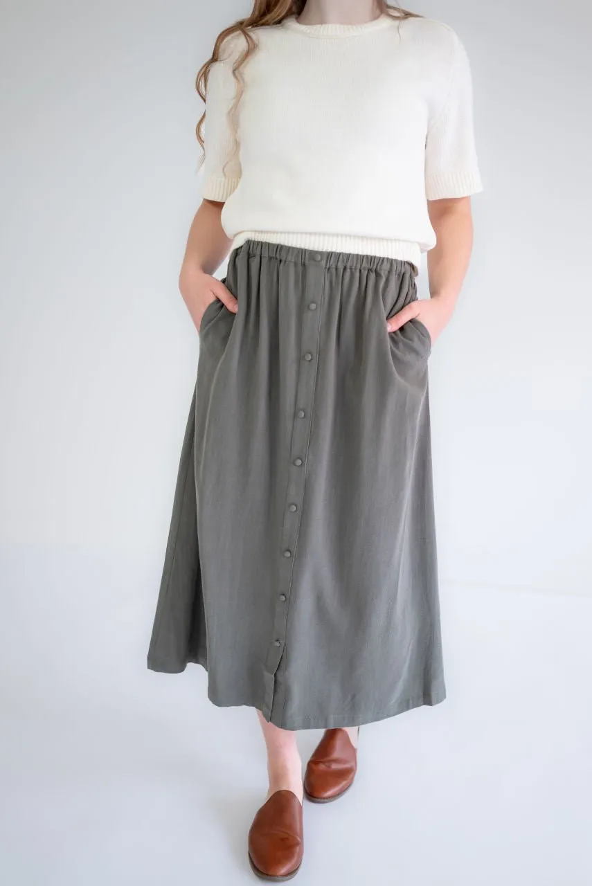 Lila Button Midi Skirt in Muted Olive