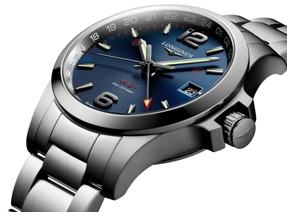 Longines Conquest V.H.P. GMT Stainless Steel Blue Dial Perpetual Calendar Date Quartz Mens Watch L3.728.4.96.6