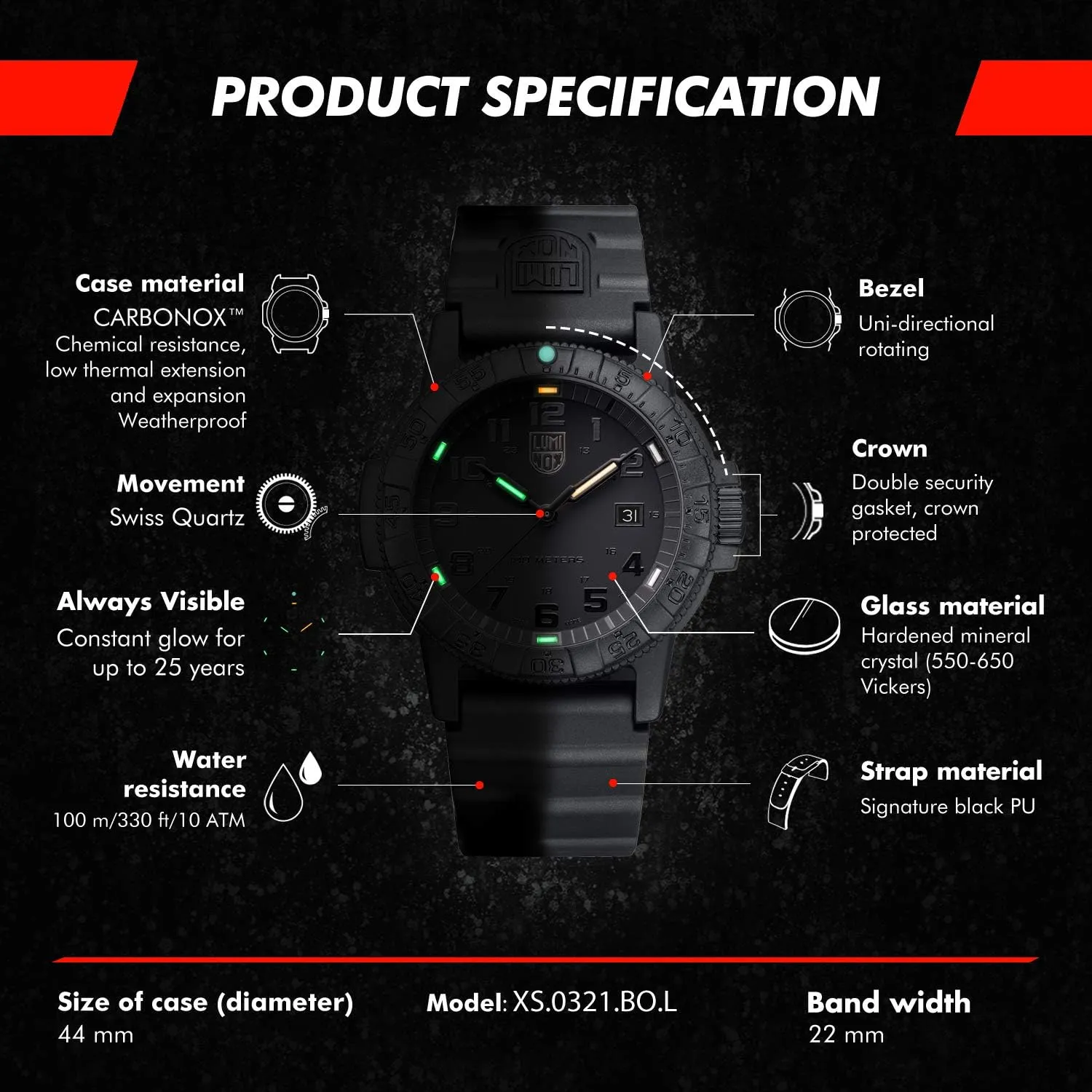 Luminox Leatherback SEA Turtle Giant Blackout Mens Watch 44mm - Divers Watch in Black Date Function 100m Water Resistant