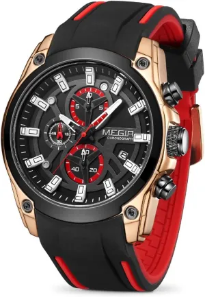 MEGIR Men's Analogue Sport Chronograph Luminous Quartz Watch with Fashion Silicone Strap (2144 Rose/Black)