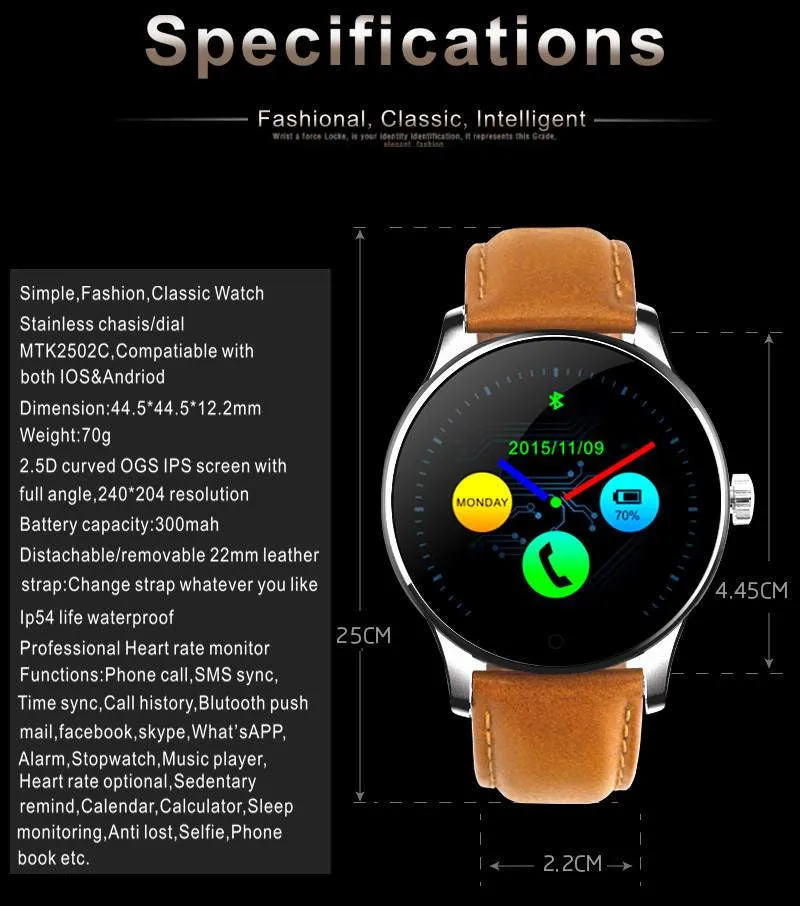 MTK2502 Bluetooth Smartwatch Heart Rate Monitor Pedometer Dialing For Android and IOS