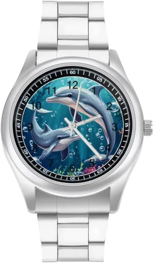 Ocean Dolphins Tropical Fish Coral Wrist Watches for Men Metal Band Watch Fashion Three-Hand Watches Gift for Boyfriend Father