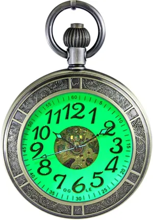 OGLE Waterproof Magnifier Skeleton Chain Silver Luminous Fob Self Winding Automatic Mechanical Pocket Watch