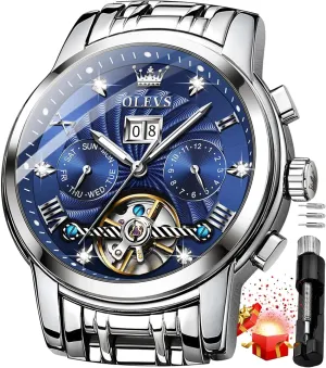 OLEVS Mens Automatic Watches Gold Luxury Diamond Dress Self Winding Mechanical Skeleton Tourbillon Stainless Steel Wrist Watch