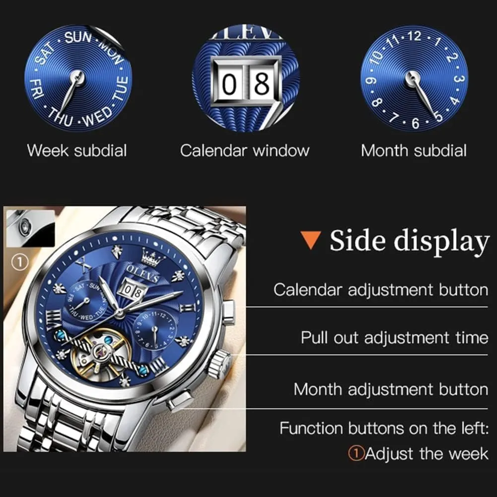 OLEVS Mens Automatic Watches Gold Luxury Diamond Dress Self Winding Mechanical Skeleton Tourbillon Stainless Steel Wrist Watch
