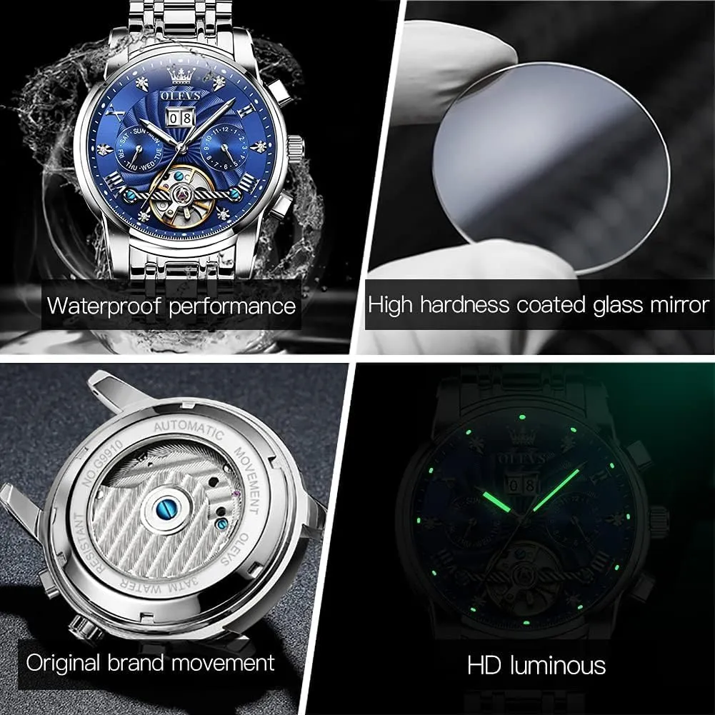 OLEVS Mens Automatic Watches Gold Luxury Diamond Dress Self Winding Mechanical Skeleton Tourbillon Stainless Steel Wrist Watch
