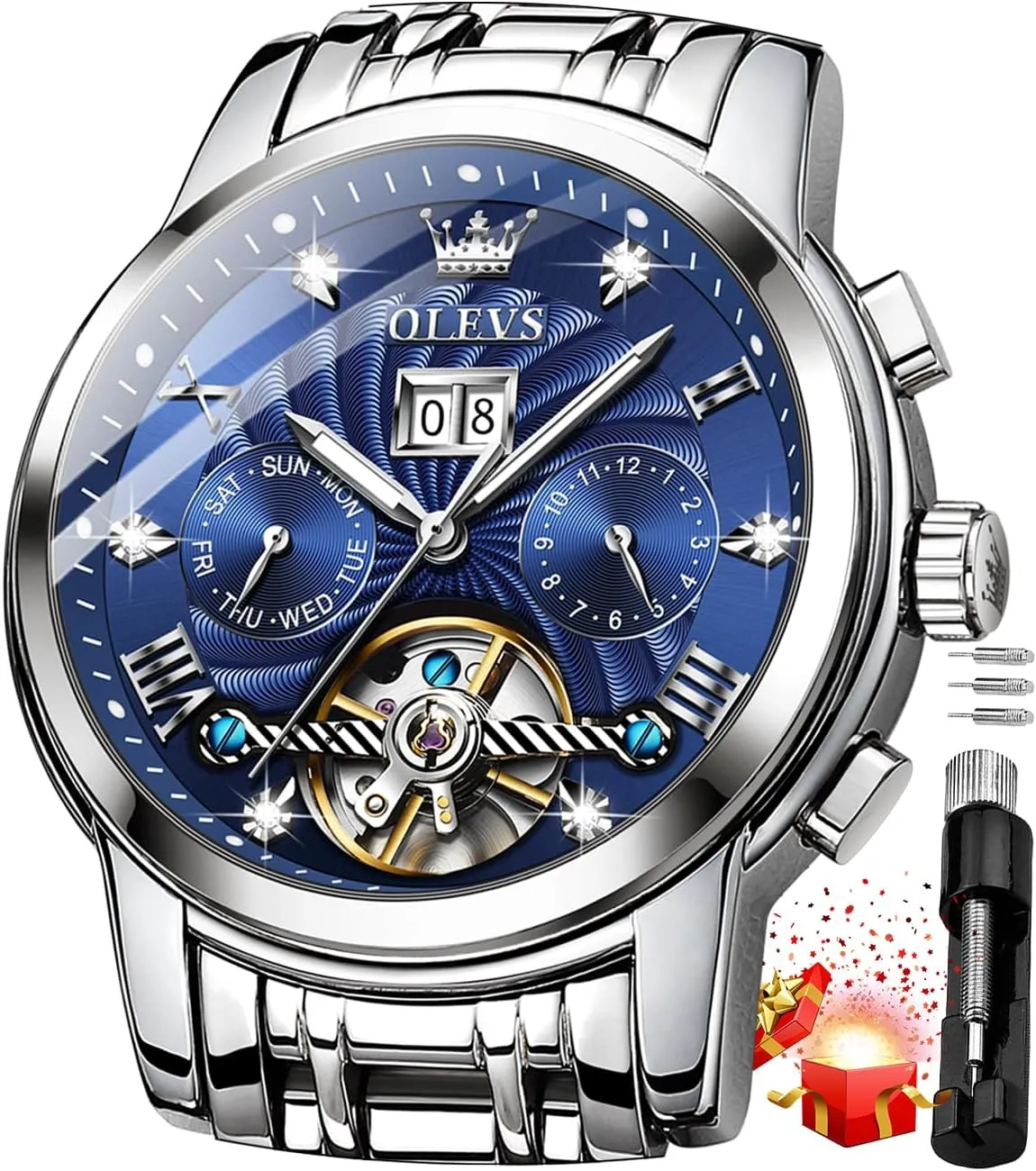 OLEVS Mens Automatic Watches Gold Luxury Diamond Dress Self Winding Mechanical Skeleton Tourbillon Stainless Steel Wrist Watch