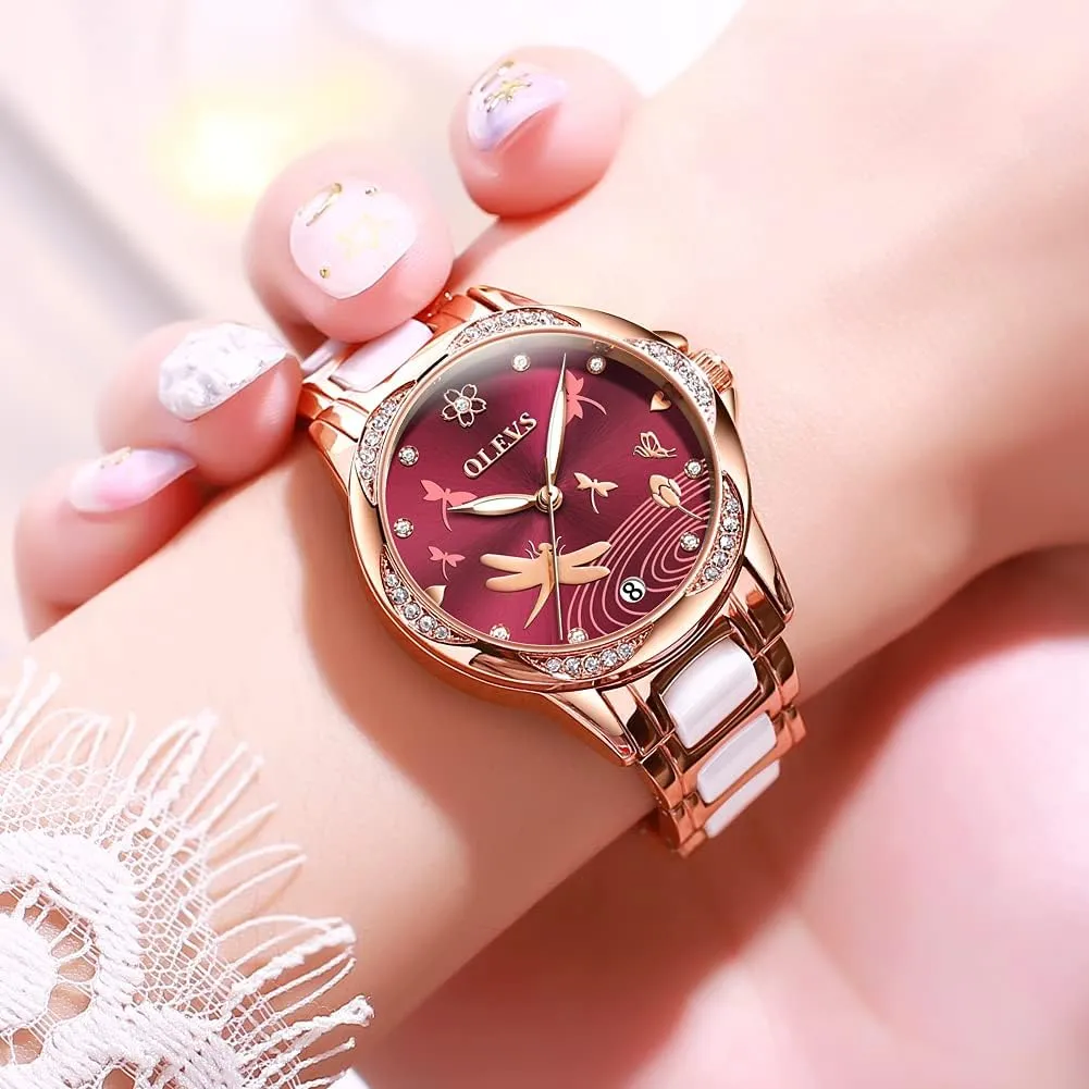 OLEVS Watches for Women Automatic Mechanical Self Winding Rose Gold Ladies Watch Diamond Dress Ceramic Bracelet Waterproof Female Wrist Watch