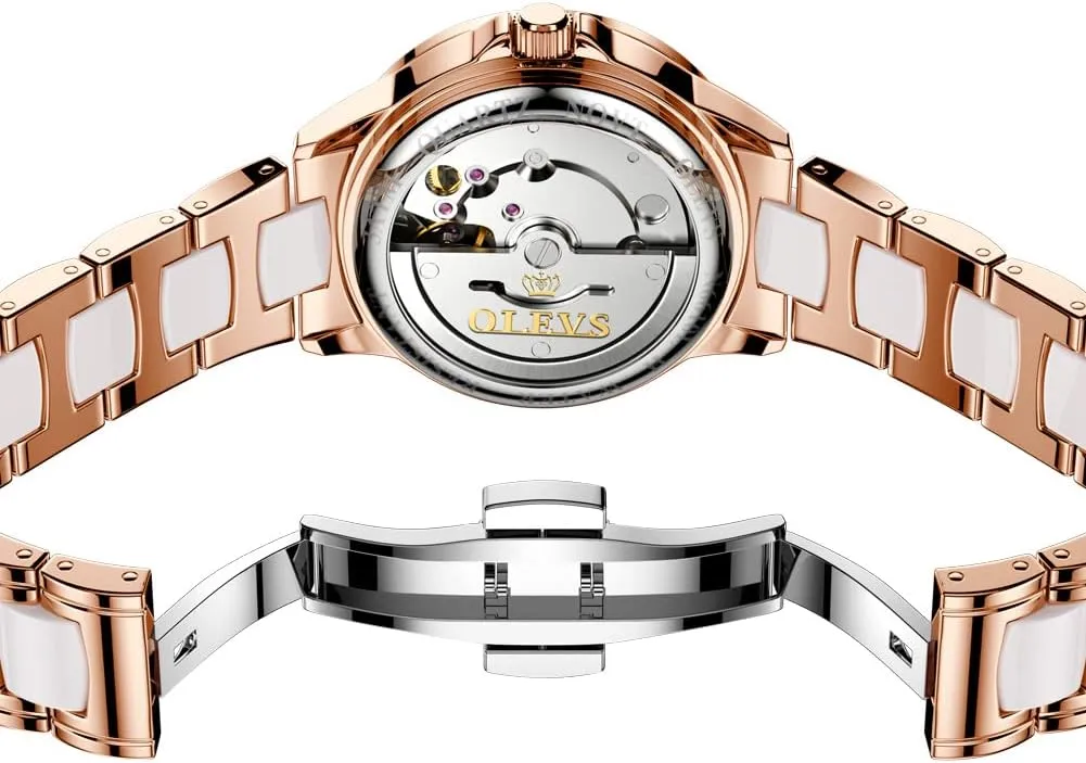 OLEVS Watches for Women Automatic Mechanical Self Winding Rose Gold Ladies Watch Diamond Dress Ceramic Bracelet Waterproof Female Wrist Watch