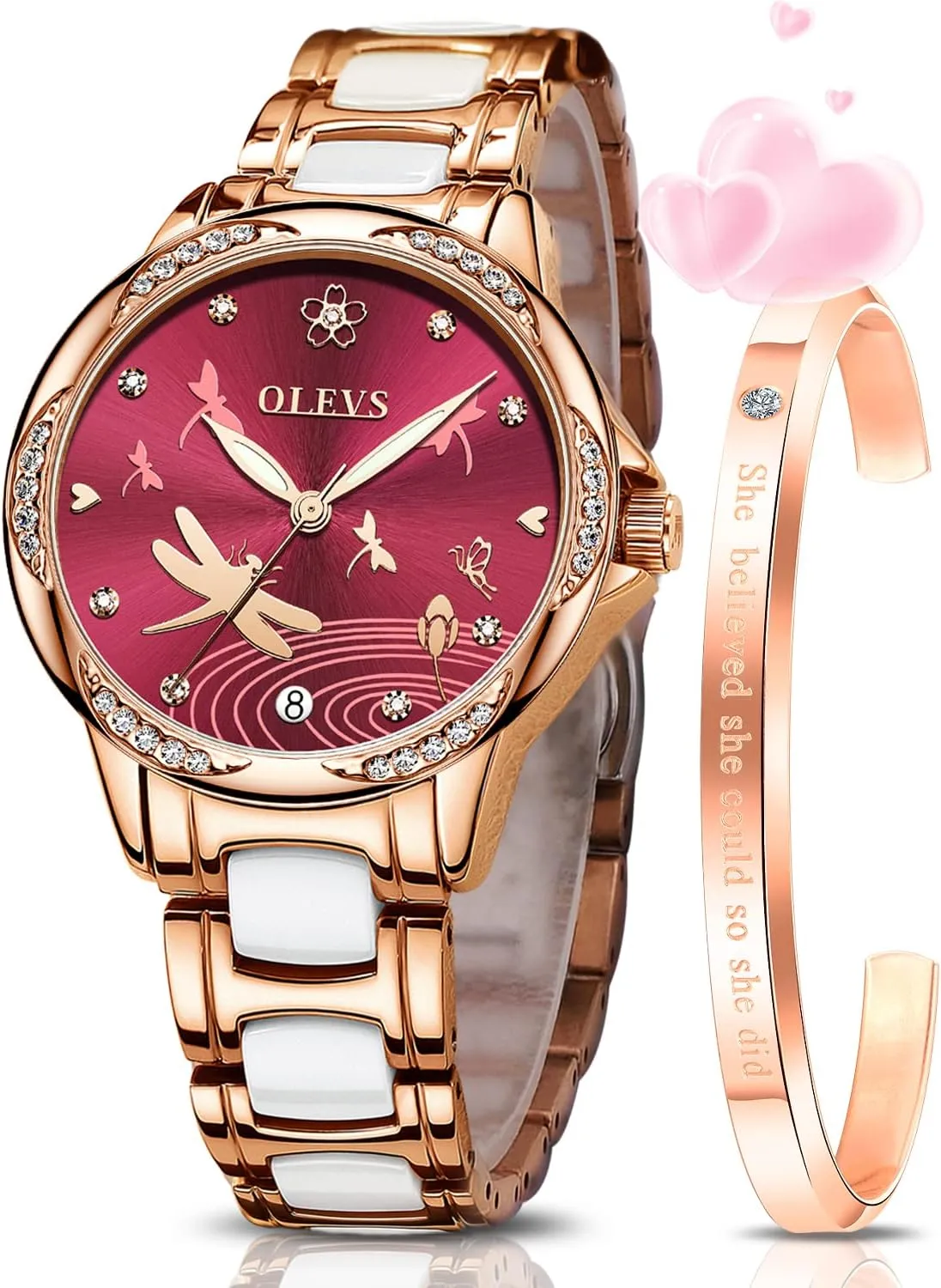 OLEVS Watches for Women Automatic Mechanical Self Winding Rose Gold Ladies Watch Diamond Dress Ceramic Bracelet Waterproof Female Wrist Watch