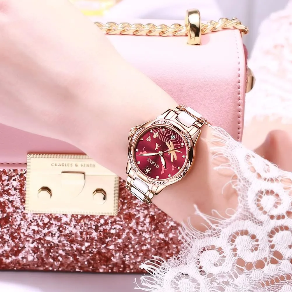 OLEVS Watches for Women Automatic Mechanical Self Winding Rose Gold Ladies Watch Diamond Dress Ceramic Bracelet Waterproof Female Wrist Watch