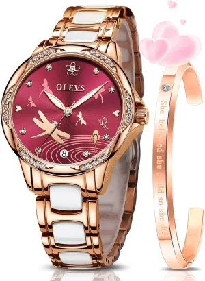 OLEVS Watches for Women Automatic Mechanical Self Winding Rose Gold Ladies Watch Diamond Dress Ceramic Bracelet Waterproof Female Wrist Watch
