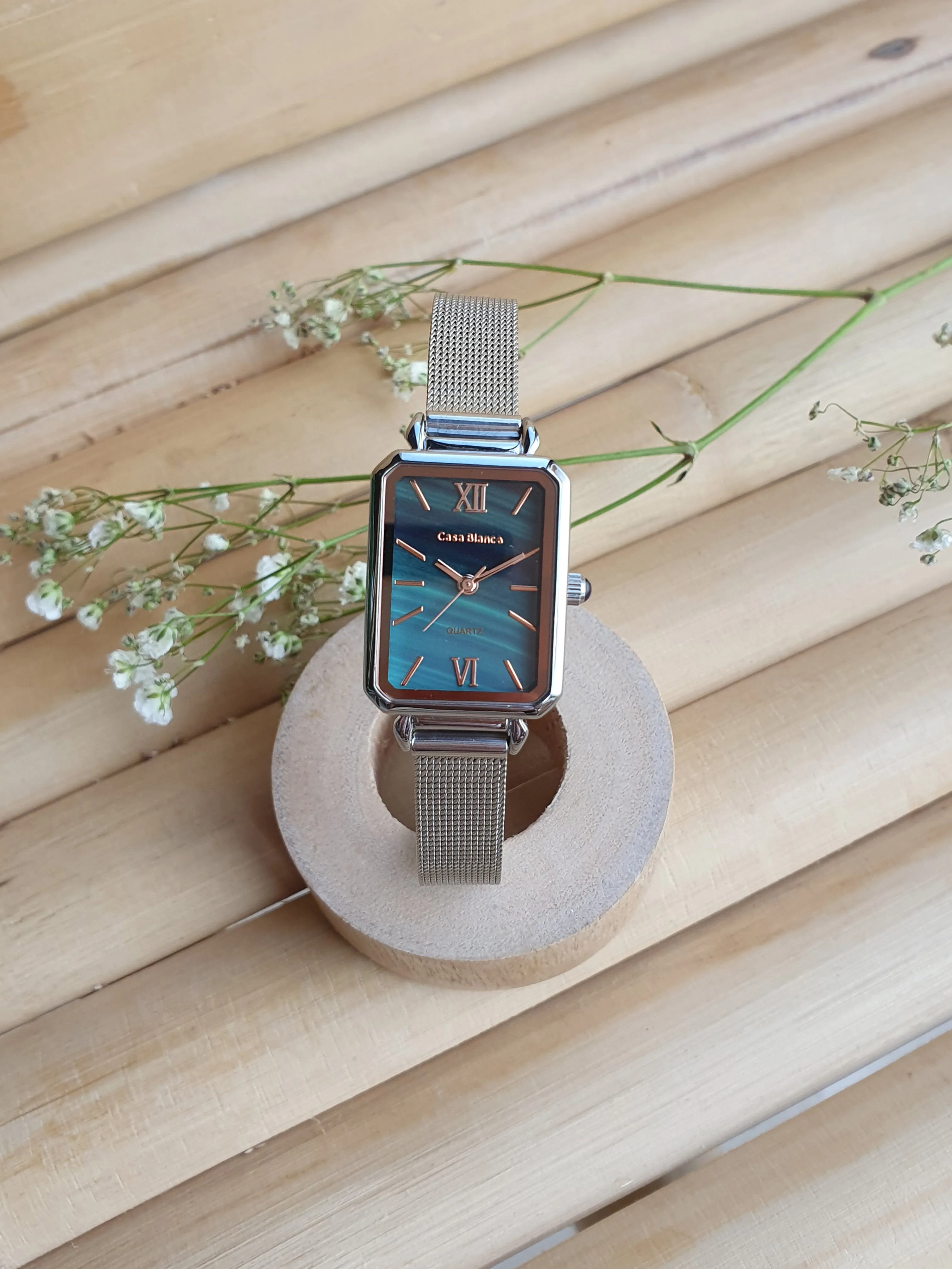 Peacock Green Watch | Silver Mesh Strap