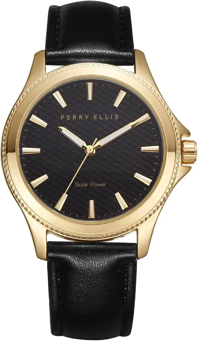 PERRY ELLIS Solar Powered Mens Watch | Vegan Leather Water-Resistant Analog Wrist Watches for Men | 41mm Case | Relojes para Hombres | Elegant Gift for Man