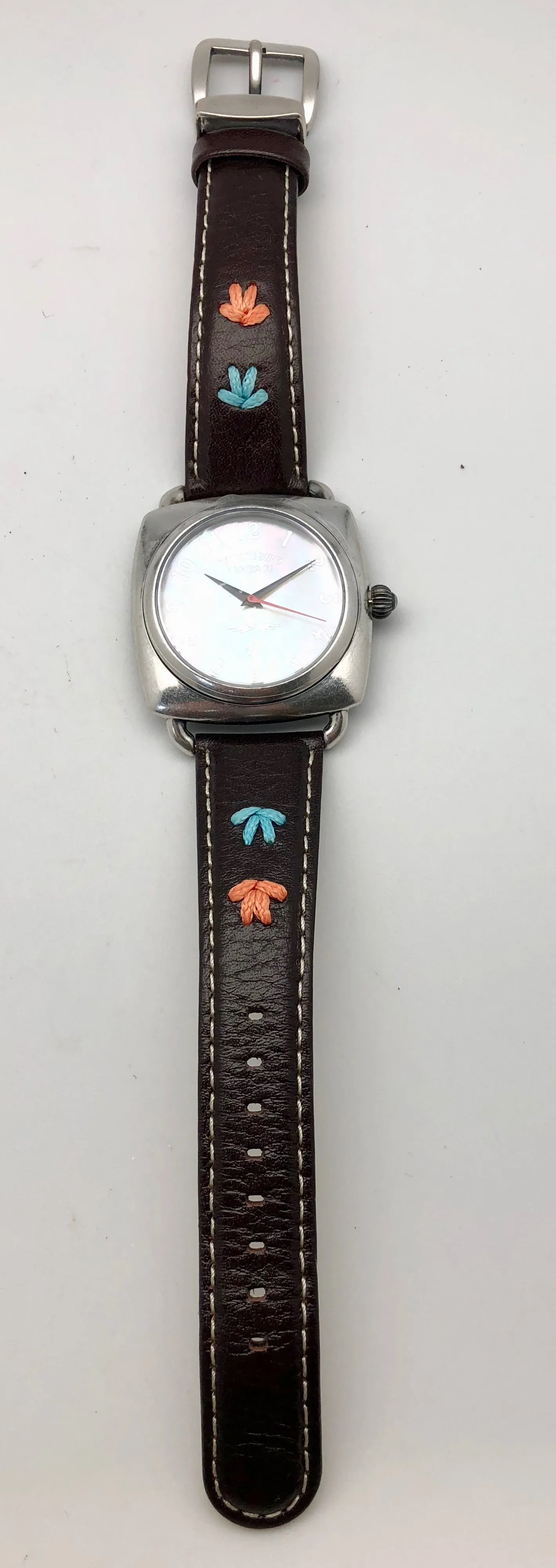Peyote Bird Abalone Face Watch with Brown Overstitched Leather Band