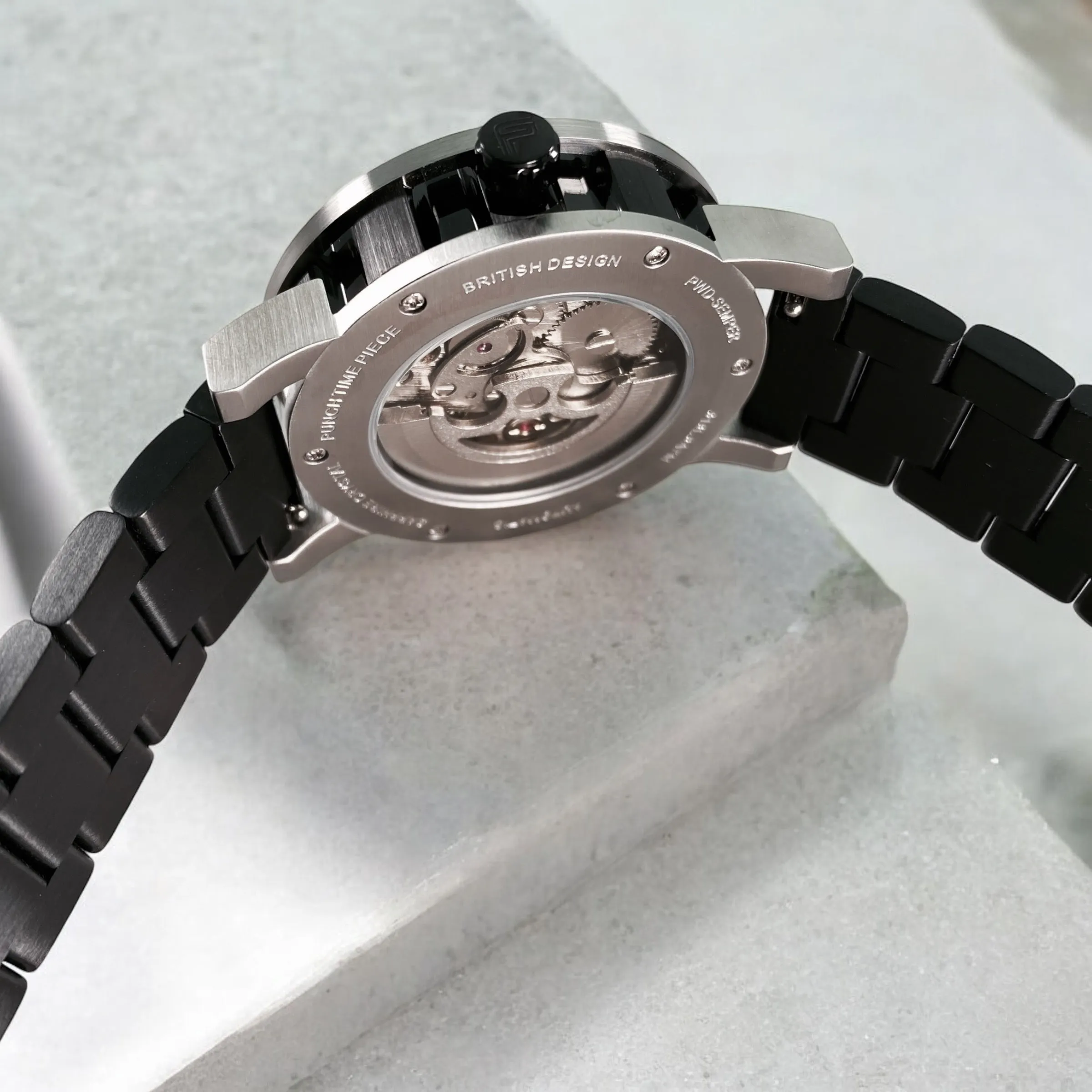 PUNCH Mens Watch, Black & Silver Skeleton Automatic Watch - Black Metal Strap