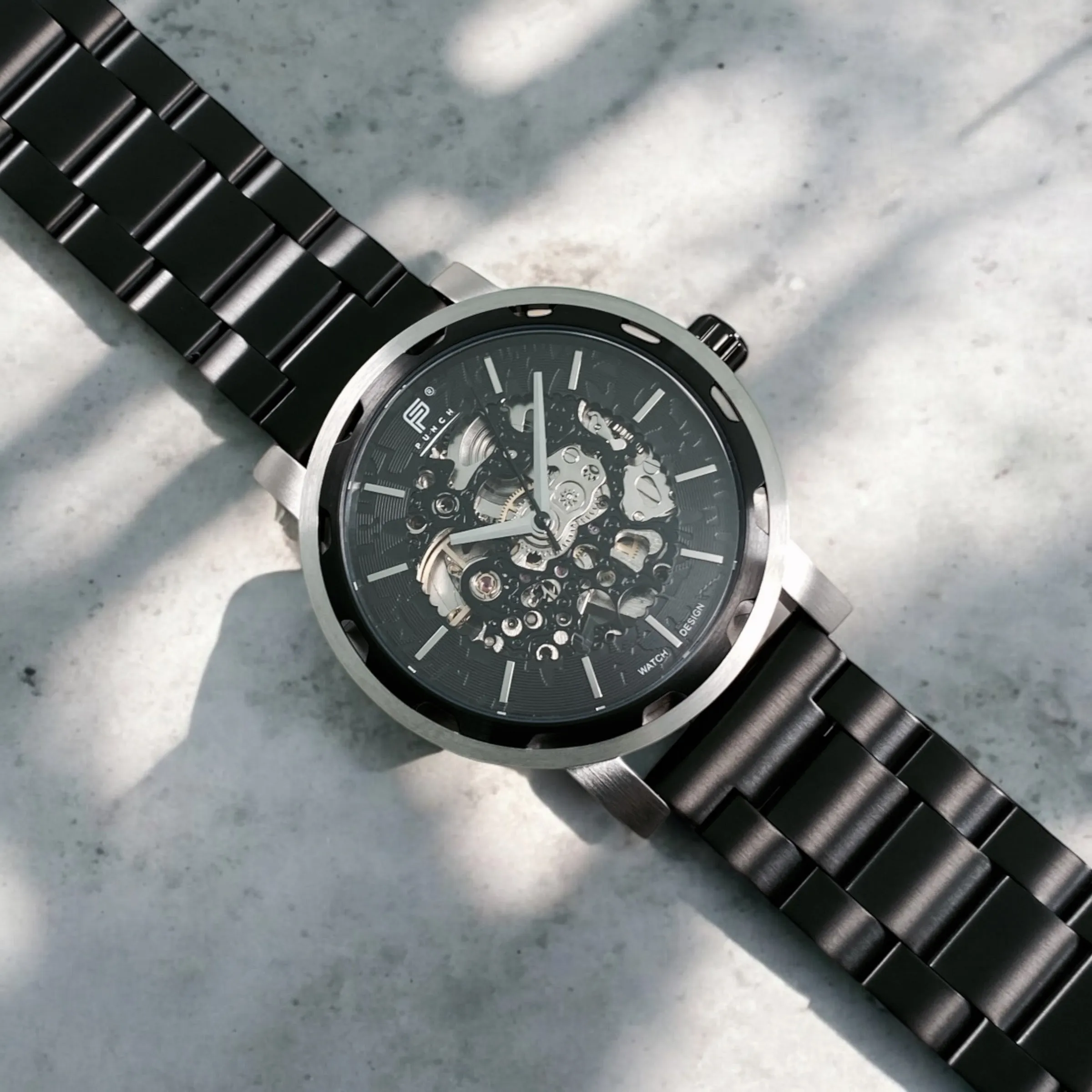 PUNCH Mens Watch, Black & Silver Skeleton Automatic Watch - Black Metal Strap