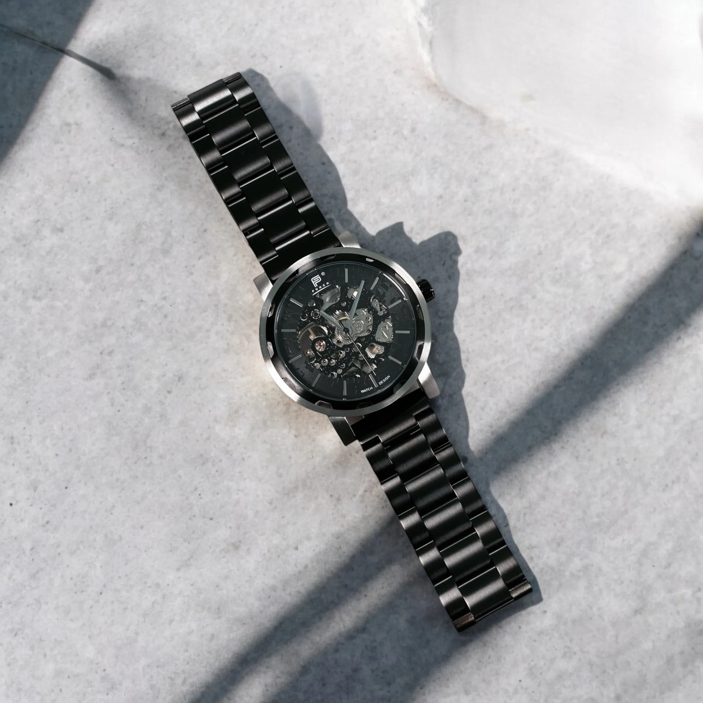 PUNCH Mens Watch, Black & Silver Skeleton Automatic Watch - Black Metal Strap