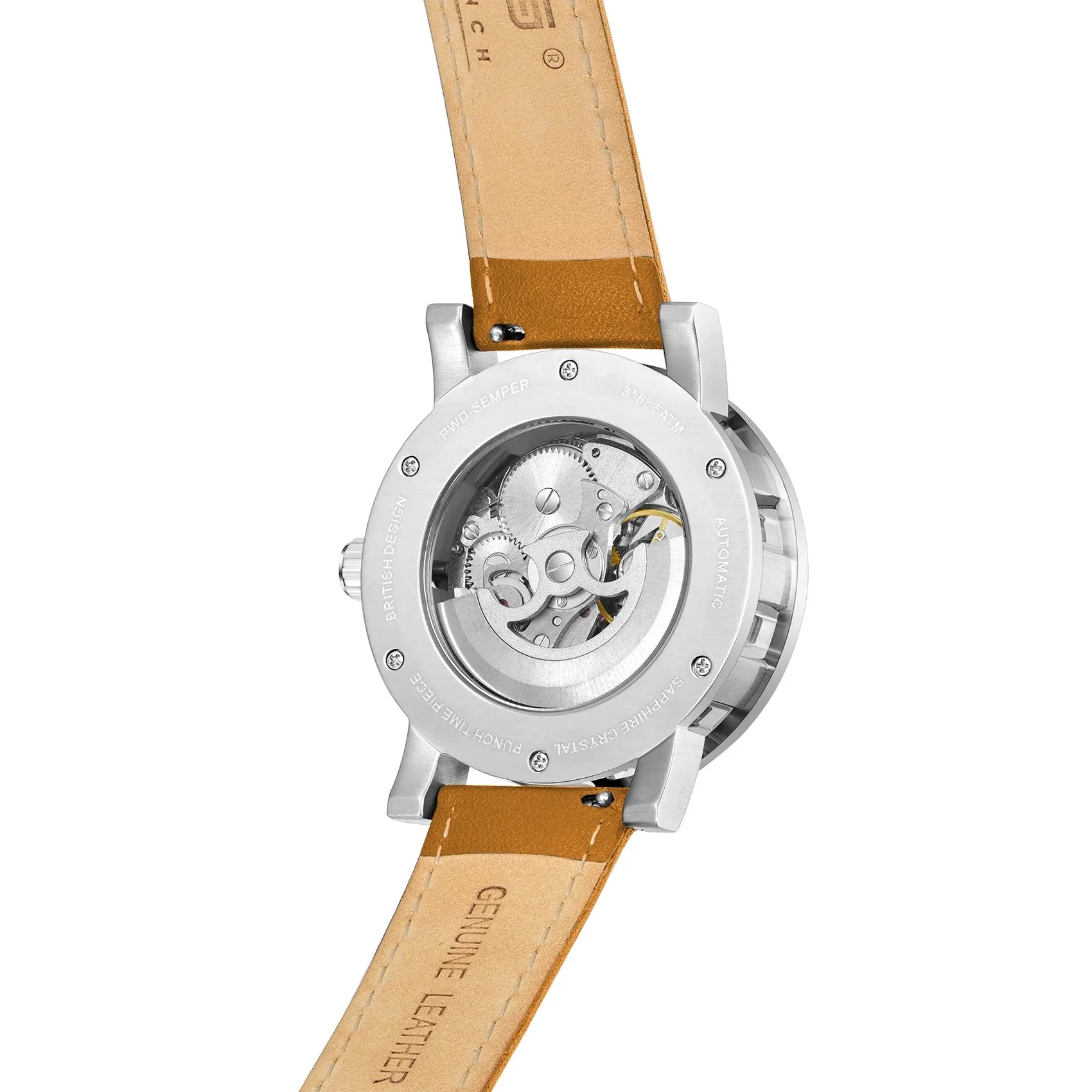 PUNCH Mens Watch, Silver & White Skeleton Automatic Watch - Tan Leather Strap